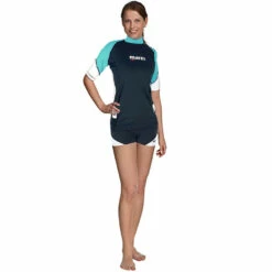 Top RASHGUARD Loose Fit MARES Manches Courtes Dame Turquoise - Combinaison de Plongée Confortable
